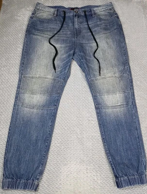 Guess Jeans Mens 38x30 Blue Super Stretch Joggers Mid Rise Denim Drawstring Zip - Image 1 of 4