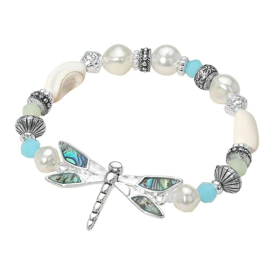 Pulsera elástica Abulón Libélula Perla y Cuentas Acento Boho Inspirada en la Naturaleza Foto 1 de 2