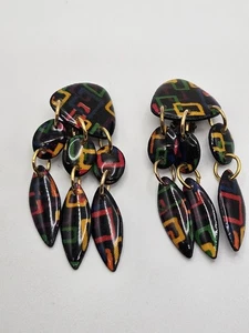 Vintage MAM Designs Black Modern Dangle Clip On Earrings Unsigned - Picture 1 of 12