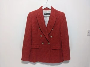 Zara Red Textured Weave Double Breasted Blazer Jacket Size S - Picture 1 of 10