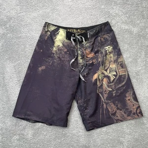 Affliction Shorts Mens Medium Purple Board King Skeleton Gothic Graphic Lace Up - Picture 1 of 12