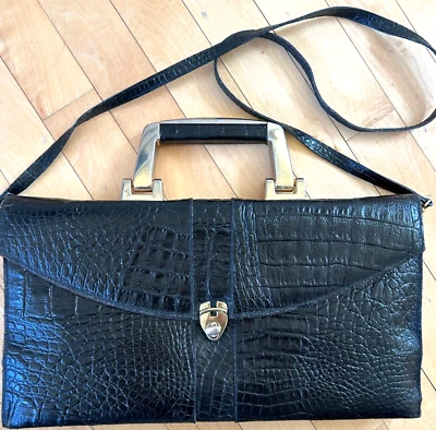 Vintage Amelia Berko Genuine Leather Alligator Embossed Black Purse Greece - Image 1 of 4