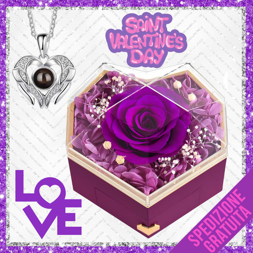 Rosa Confezione Regalo Idea San Valentino Collana con Rosa a Cuore Viola