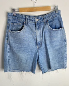 Cotton On Denim Shorts Womens Size 12 Blue Bermuda Straight Fringe Pockets Zip - Picture 1 of 16