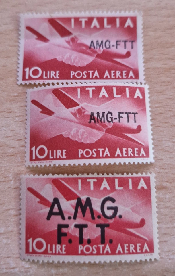3 Francobolli Nuovi Italia 1947. Posta aerea. Sovrastampati AMG-FTT. Lire 10. - Immagine 1 di 1