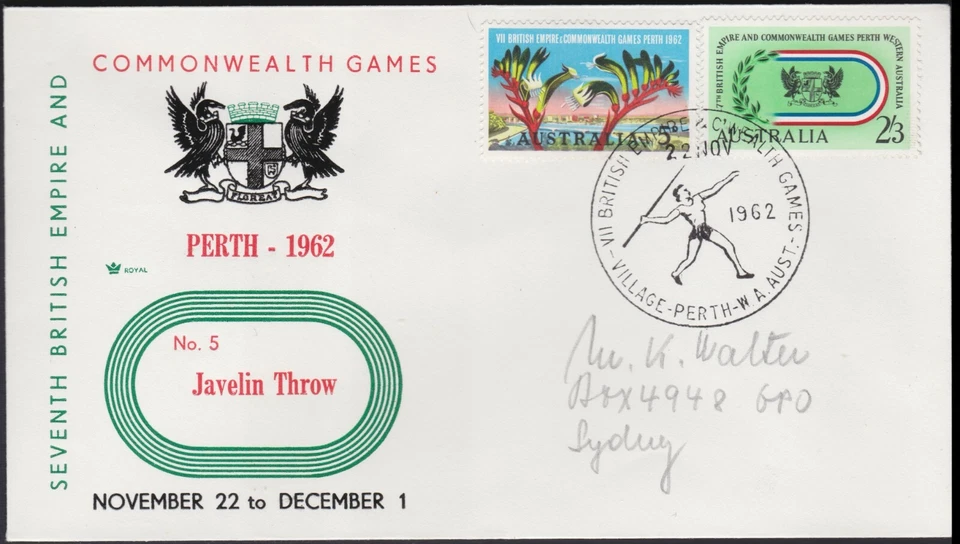 SPORT 1962 Perth Commonwealth Games Australia Set Cubierta Real - Lanzamiento de Jabalina Foto 1 de 1