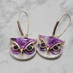 Betsey Johnson Yin Yang Drop Dangle Rarrings Purple & Pink Owl Design Gold Tone  - Picture 1 of 3