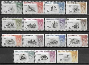 Francobolli Isole Falkland 1960 SG 193-207 BIRDS MLH in perfette condizioni - Foto 1 di 1
