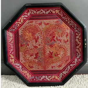 Chinese Asian Red Lacquerware tray Birds Animals Fish hand carved black wood 16” - Picture 1 of 24