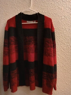 Cárdigan suéter Jason Maxwell Krug tejido a rayas negro y rojo 2X para dama Foto 1 de 4