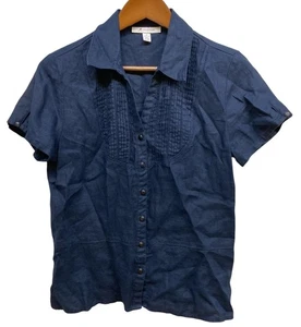 JM Collection Blouse Women’s 8 Blue Linen Denim Smocked Button Paneled - Picture 1 of 6
