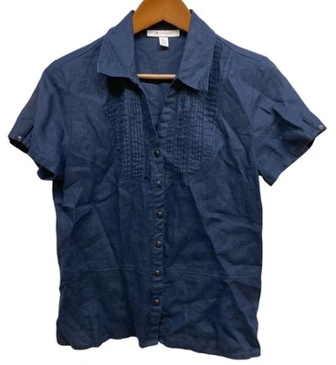JM Collection Blouse Women’s 8 Blue Linen Denim Smocked Button Paneled - Image 1 of 4