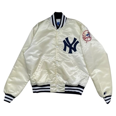 VTG 90s MLB NEW YORK YANKEES STARTER SATIN BOMBER JACKET SIZE M MADE IN USA - Image 1 of 4