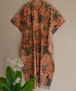 Maxi Vestido Caftán Playa Larga 100% Algodón Indio Vintage Talla Única Caftán Kimono - Imagen 1 de 4