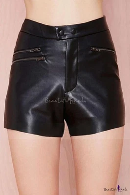 Pantalón Corto Negro Cremallera Fiesta Elegante Genuino Mujeres Diseñador Cuero Cóctel Foto 1 de 4