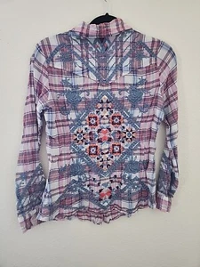 Womens 3j Workshop Johnny Was Pink Flannel Embroidered Pearl Snap Button Up Sz S - Picture 1 of 8