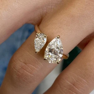 3 Ct Pear Cut EF/VS Certified Lab Grown Diamond Toi et Moi Ring 14kt Yellow Gold - Picture 1 of 21