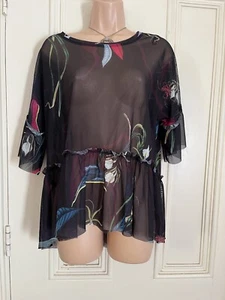 Pretty Next size 14 sheer black top, ¾ bell sleeves, colourful floral pattern - Picture 1 of 15