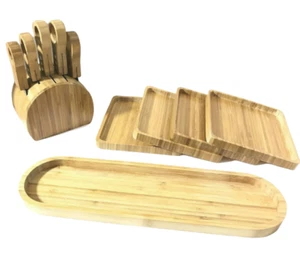 Bamboo Wood Snack Tray Set 11 Piece Utensils Cheese Crackers Party Set - Picture 1 of 7