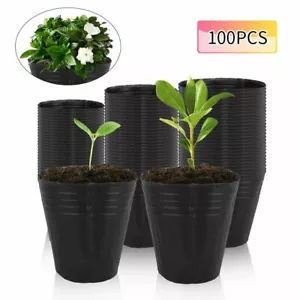 100 PACK NURSERY POTS Outdoor Vegetable Flower Plant Plastic Pot Garden 3 Sizes - Picture 1 of 10