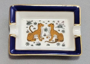 Mini Bandeja Cambio Cenicero Hermes Paris Porcelana Leopardo Azul Marino Borde Dorado - Imagen 1 de 7