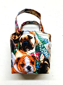 Mini bolso de mano/bolso de regalo forrado de tela hecho a mano multicolor estampado de cara de perro - Imagen 1 de 6