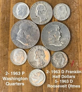 90% Silver Coins 1963 2- D Franklin Half Dollars 2- P Quarters 5- D Dimes - Picture 1 of 3