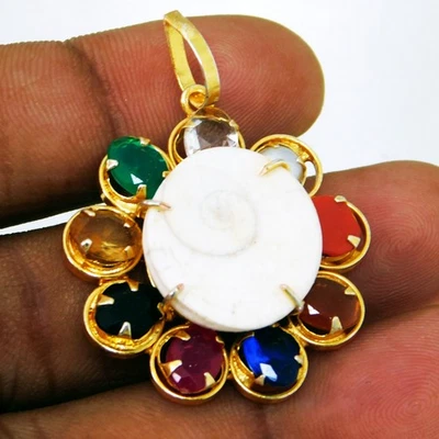 9 Planet Healing Gomti Chakra & Navratna Gemstone – Handmade Pendant Jewelry - Image 1 of 4