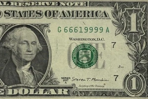 Trinary fantasia numero di serie banconota da 1 dollaro G66619999A - Foto 1 di 6
