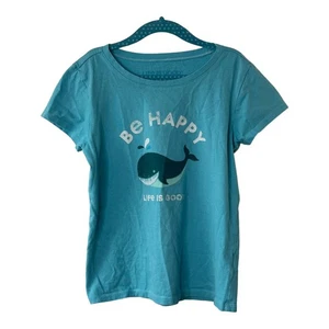 Life is Good Blue Be Happy Whale Graphic Crusher Short Sleeve Tee Girls Large 10 - Picture 1 of 6