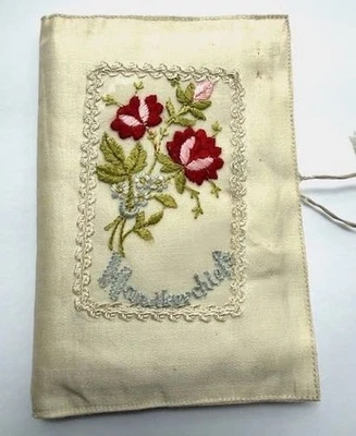 VINTAGE HANKY KEEPER 1920s EMBROIDERED "HANDKERCHIEF" WITH FLORALS SILK RAYON - Image 1 of 4