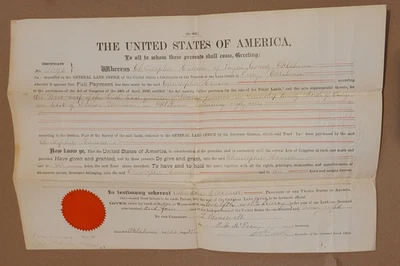 1904 OKlahoma Land Grant 80 Acres w/ Seal – Secretarial T. Roosevelt Signature - Image 1 of 4