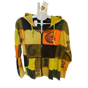 Boho Patchwork Zip Felpa con Cappuccio Unisex Grande Nepal Fatto a Mano Cotone Festival Giacca Nuovo con etichette - Foto 1 di 5