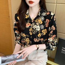 Women Basic Business Print Collared Long Sleeve Button Spring Shirts Blouse Tops