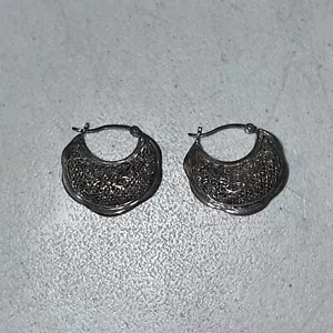 Pendientes de aro de plata esterlina 925 ornamentados artesanales detallados BJ China - Imagen 1 de 4