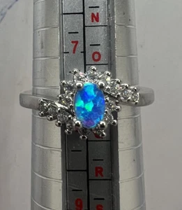 Fire Opal Surrounded by Genuine Diamonds set in 925 Sterling Silver Size 8 Ring - Picture 1 of 9