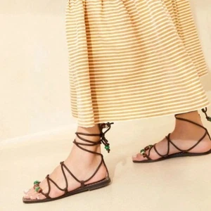 Sandalias LOEFFLER RANDALL Colleen con corbata al tobillo talla 8,5 cuero marrón con cuentas NUEVAS - Imagen 1 de 13