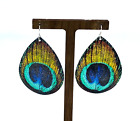 Bohemian Dangle Earrings Painted Peacock Feather On Metal Teardrop Pierced Ears