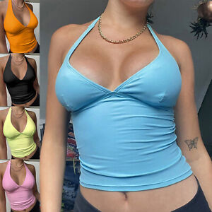 Women's Solid Sleeveless Crop Tops Vest Halter Lace-Up V Neck Slim Fit Tank Top