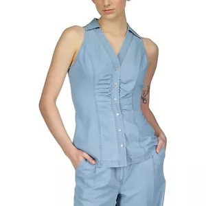 Michael Kors Chambray Sleeveless Top Ruched Button Down Collar Light Blue - Picture 1 of 4