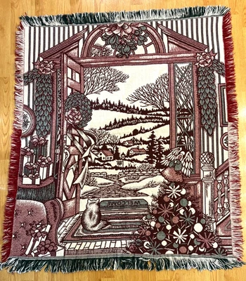 Christmas Winter Scene Tapestry Fringed Woven Throw Blanket Holidays Bright VTG - Image 1 of 4