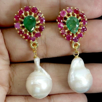 925 Sterling Silver Earrings Pear Emerald 7x5mm Ruby Pearl Gemstone Jewelry - Image 1 of 4