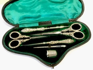 Cased Silver Sewing Set Tools Scissors Etc Hallmarked 1896 Antique Leather - Picture 1 of 11