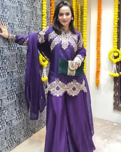 Elegant Chinon Silk Party Wear Top,Plazzo & Dupatta Set with Embroidry & Tassels - Picture 1 of 8