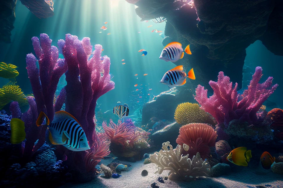 Wandbild: Buntes Korallenriff und Fische. Saubere Unterwasserweltszene. [...] - Bild 1 von 1