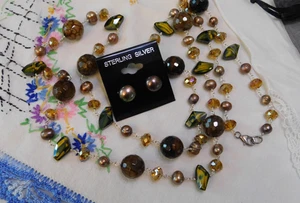 Set collana e orecchini catena argento sterling vetro cristallo perle cioccolato 925 - Foto 1 di 11
