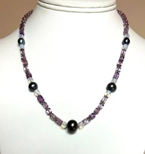 Natürlicher Lavendel Amethyst, schwarze Perle, Sterl. Halskette Silber Handarbeit, geknotet - Bild 1 von 3