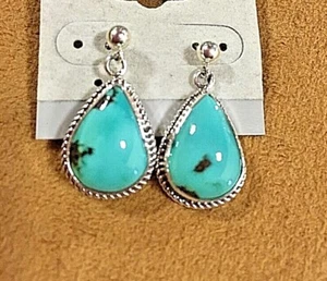 Sterling Silver .925 Turquoise Drop Earrings Signed By Navajo SH - Picture 1 of 6