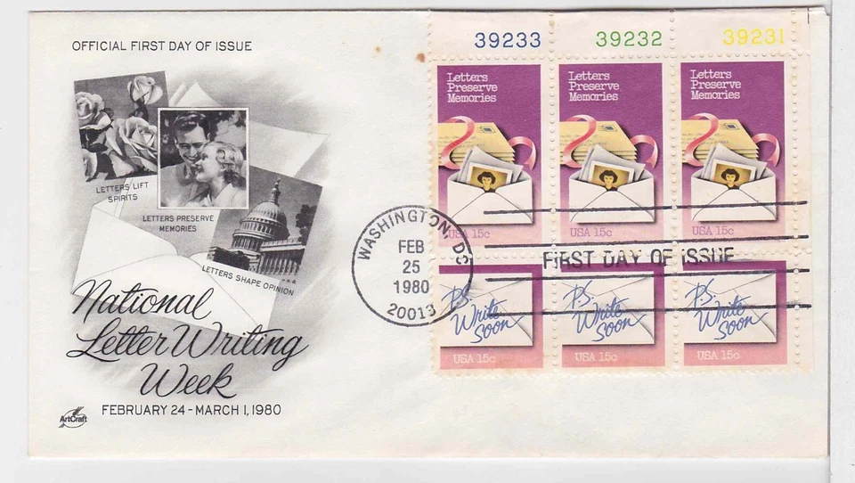 TurtlesTradingPost- Letter Writing Week 1980 FDC #1805-10- Artcraft Plate Block - Image 1 of 1