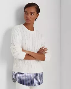 Lauren Ralph Lauren White Cable Knit Classic Jumper Shirt Layered Top Uk L - Picture 1 of 13